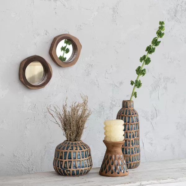 Creative CoOp 65 Inches Debossed TerraCotta 3 Inches Pillar Natural and Blue Candle Holder Terracotta