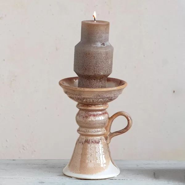 Creative CoOp 75 Inches Stoneware Handle and Reactive Glaze for 5 Inches Pillar Brown Candle Holder