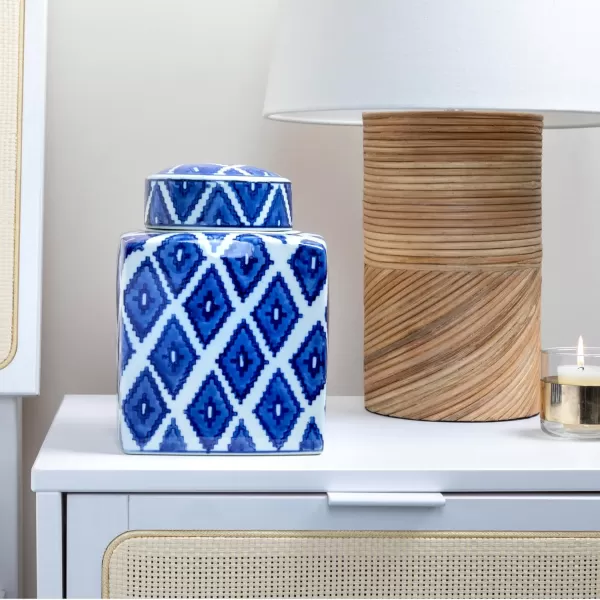 Creative CoOp Blue ampamp White Ceramic Ginger Jar with LidDiamond Pattern