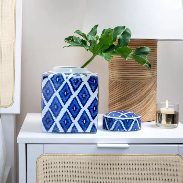 Creative CoOp Blue ampamp White Ceramic Ginger Jar with LidDiamond Pattern