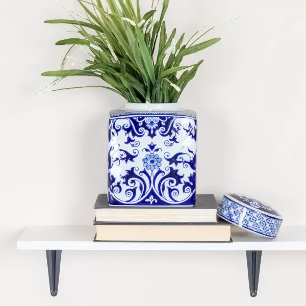 Creative CoOp Blue ampamp White Ceramic Ginger Jar with LidFloral Pattern
