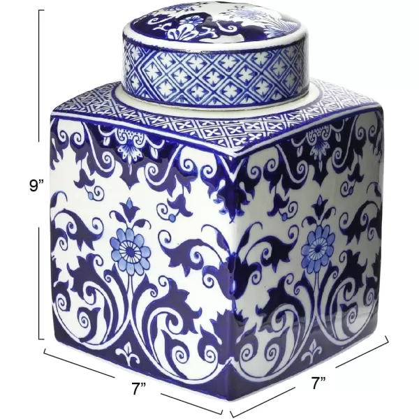 Creative CoOp Blue ampamp White Ceramic Ginger Jar with LidFloral Pattern