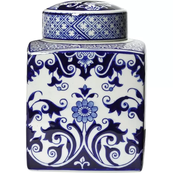 Creative CoOp Blue ampamp White Ceramic Ginger Jar with LidFloral Pattern