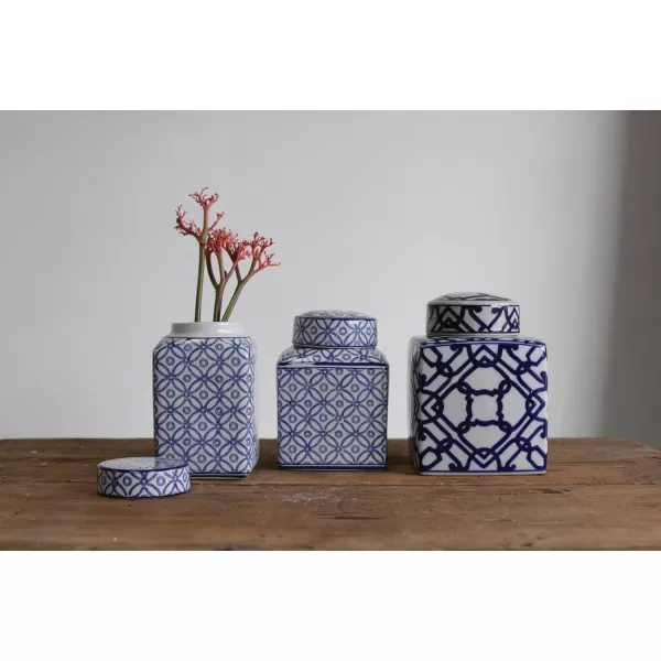 Creative CoOp Blue ampamp White Ceramic Ginger Jar with LidGeometric Pattern