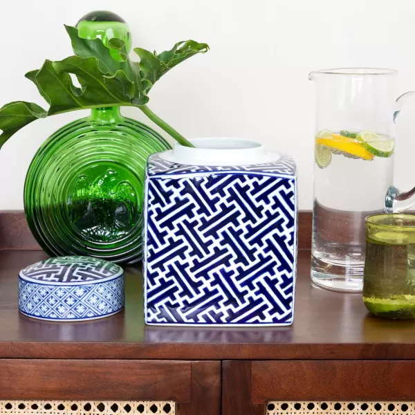 Creative CoOp Blue ampamp White Ceramic Ginger Jar with LidTrellis Pattern