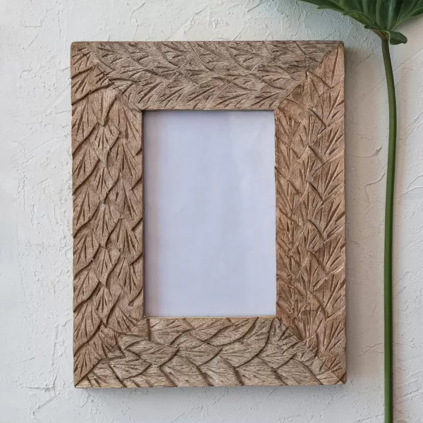 Creative CoOp Boho Wood Carved Feather Design Natural Photo Frame