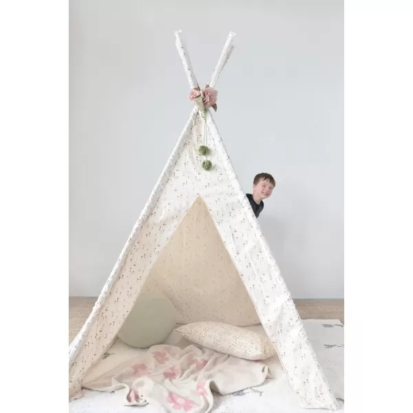 Creative CoOp Canvas and Wood Floral Pattern and Felt Flowers Teepee 43quot L x 43quot W x 63quot H Cream