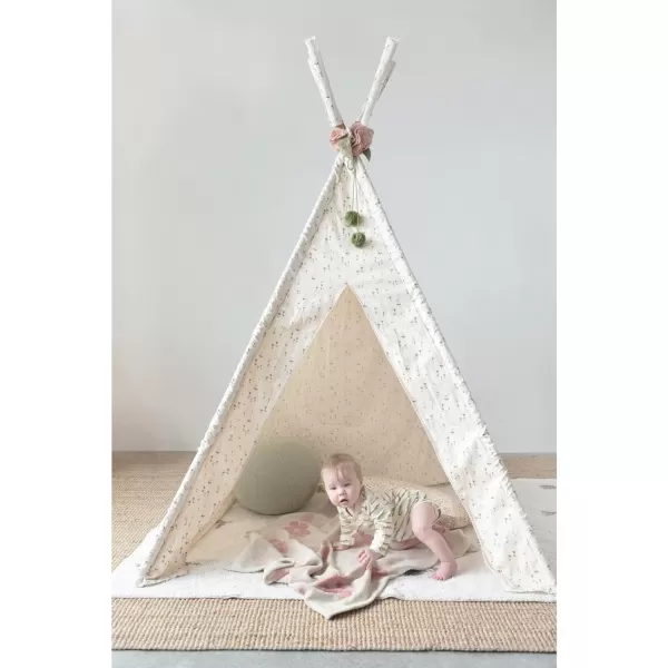 Creative CoOp Canvas and Wood Floral Pattern and Felt Flowers Teepee 43quot L x 43quot W x 63quot H Cream