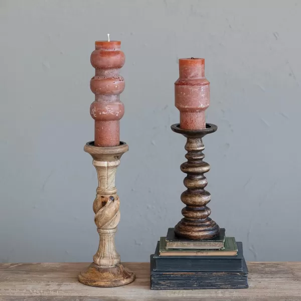 Creative CoOp Carved Wood Natural Pillar Candle Holder