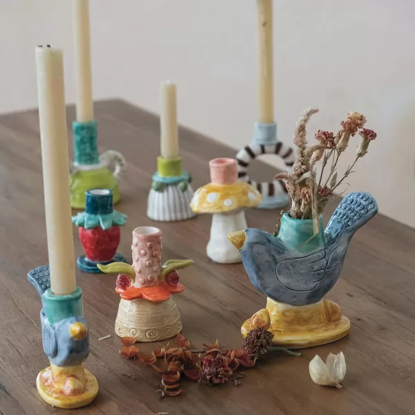 Creative CoOp Chirpy Elegance Stoneware Taper Holder Multicolor