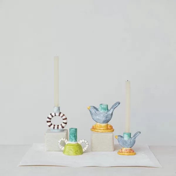 Creative CoOp Chirpy Elegance Stoneware Taper Holder Multicolor
