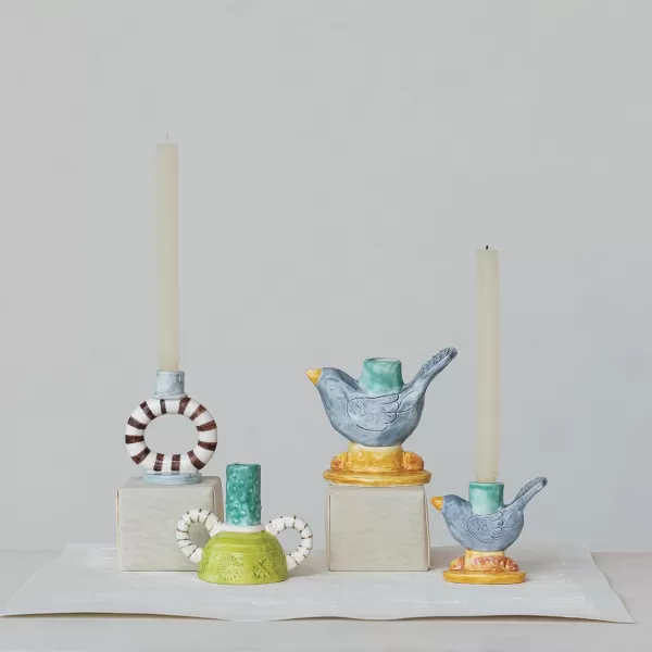 Creative CoOp Chirpy Elegance Stoneware Taper Holder Multicolor