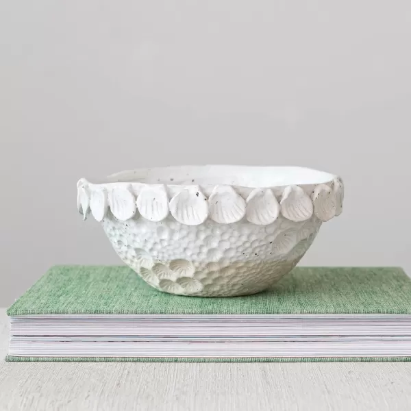 Creative CoOp Coastal 2Tone Stoneware Shell Trim White and Natural Decorative Bowl