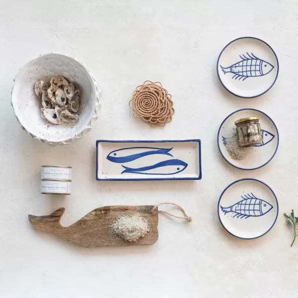 Creative CoOp Coastal 2Tone Stoneware Shell Trim White and Natural Decorative Bowl