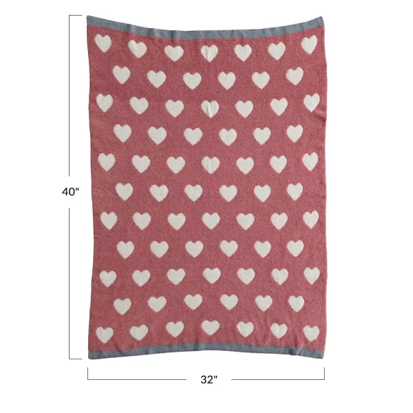 Creative CoOp Cotton Blend Knit Baby Blanket with Printed Hearts Pink and White