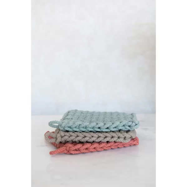 Creative CoOp Cotton Crocheted 3 Colors Pot Holders 8quot L x 8quot W x 0quot H GreenRustGreenRust