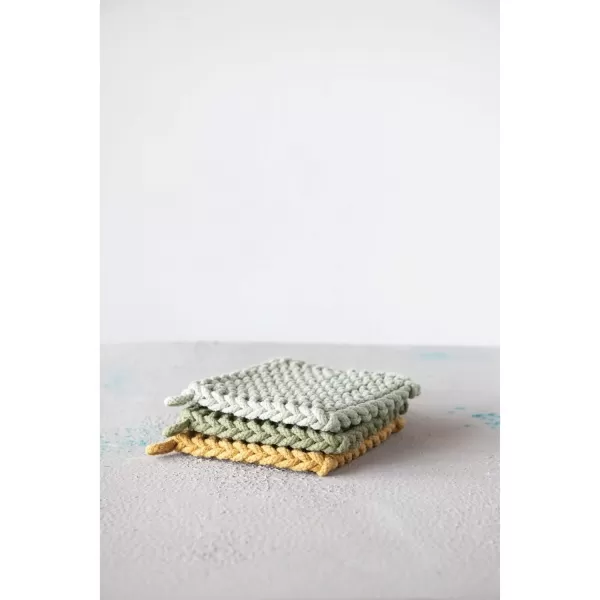 Creative CoOp Cotton Crocheted 3 Colors Pot Holders 8quot L x 8quot W x 0quot H GreenRustGreenYellow