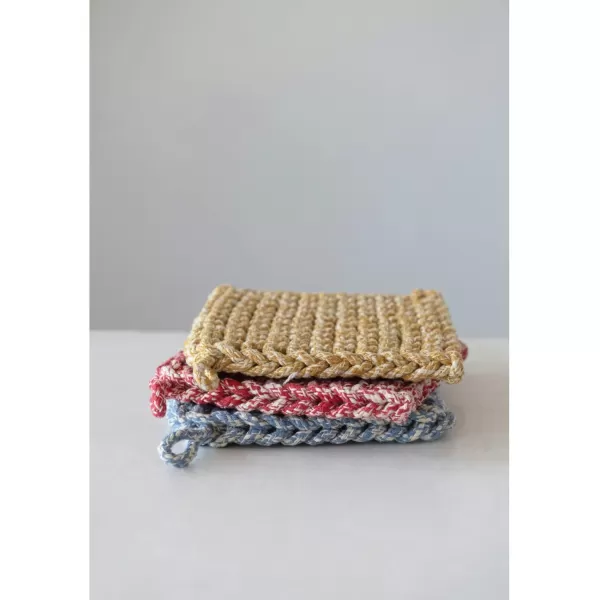 Creative CoOp Cotton Crocheted 3 Colors Pot Holders 8quot L x 8quot W x 0quot H GreenRustYellowBlue