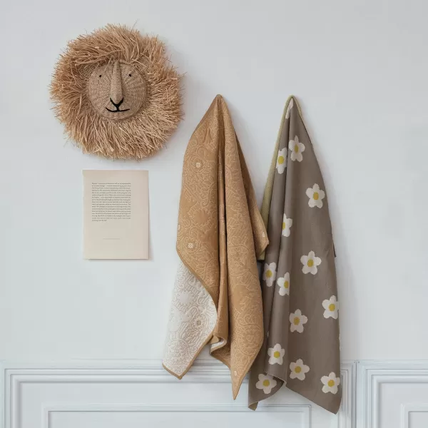 Creative CoOp Cotton Knit Baby Blanket with Printed Flowers Brown and White