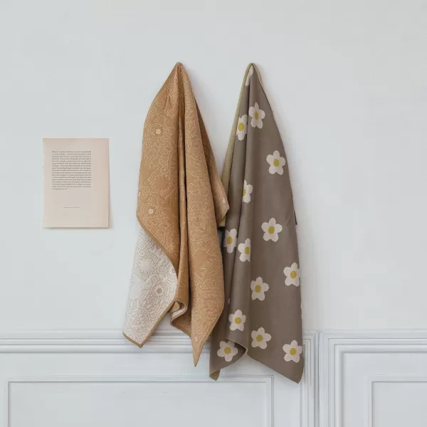 Creative CoOp Cotton Knit Baby Blanket with Printed Flowers Brown and White