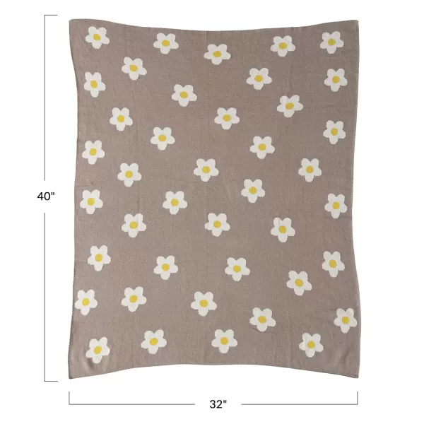 Creative CoOp Cotton Knit Baby Blanket with Printed Flowers Brown and White
