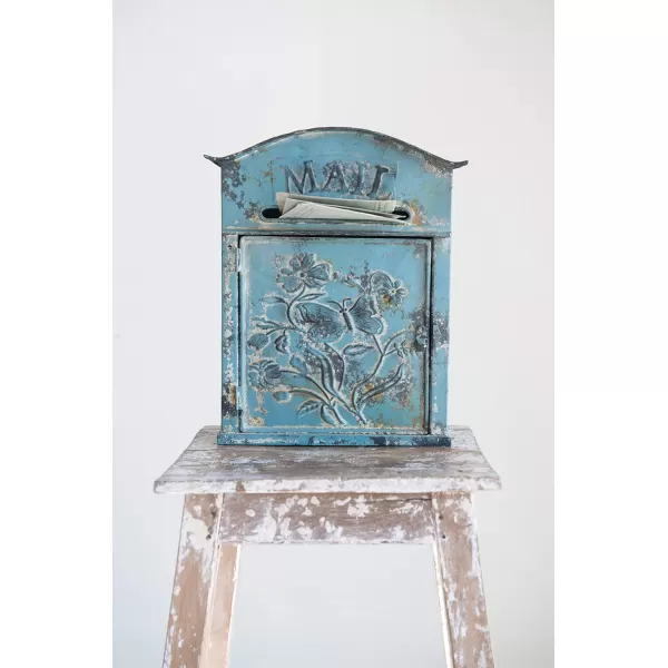 Creative CoOp Distressed Blue Embossed Tin Mail Box