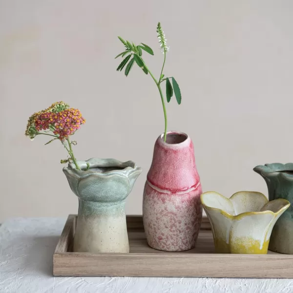 Creative CoOp Eclectic Stoneware Votive Holders on Tray Set of 6 Pieces Multicolor Vase Set Multi