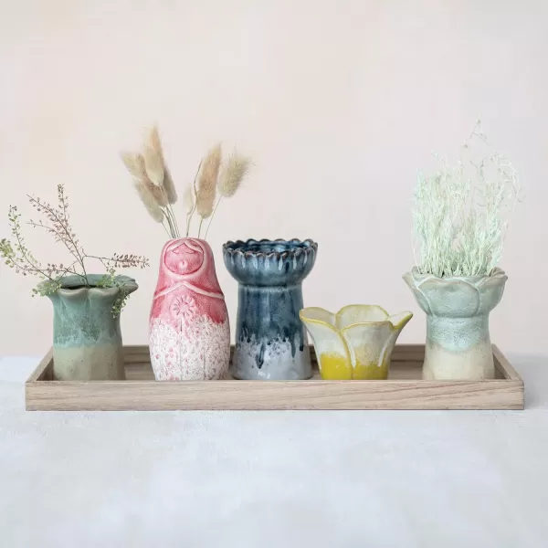 Creative CoOp Eclectic Stoneware Votive Holders on Tray Set of 6 Pieces Multicolor Vase Set Multi