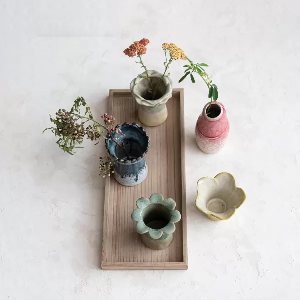 Creative CoOp Eclectic Stoneware Votive Holders on Tray Set of 6 Pieces Multicolor Vase Set Multi