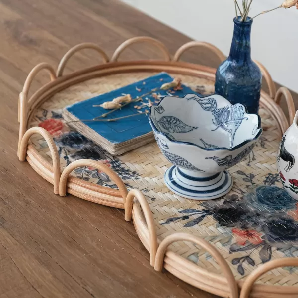 Creative CoOp Floral Fantasy Rattan and Bamboo Tray Multicolor