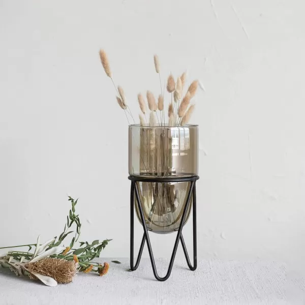 Creative CoOp Glass Metal Stand Brown and Black Pillar Candle Holder
