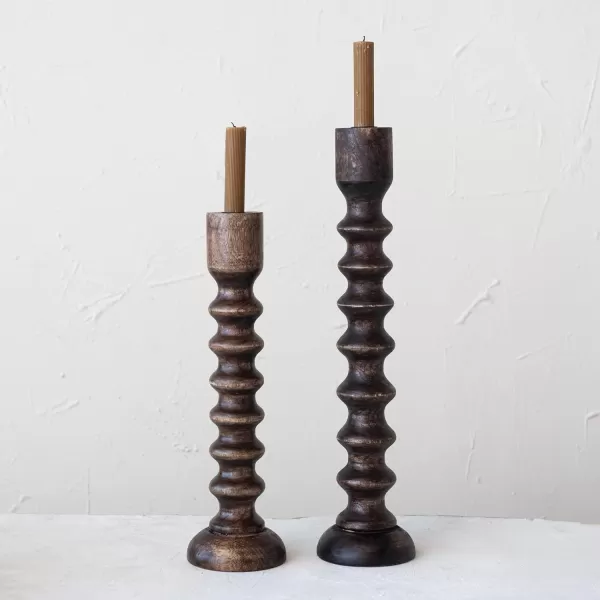 Creative CoOp Hand Carved Wood Brown Taper Candle Holder Black