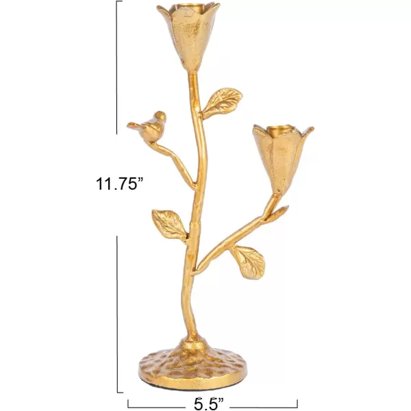 Creative CoOp HandForged Cast Iron Candelabra with Flowers and Bird Holds 2 Gold Taper Holder