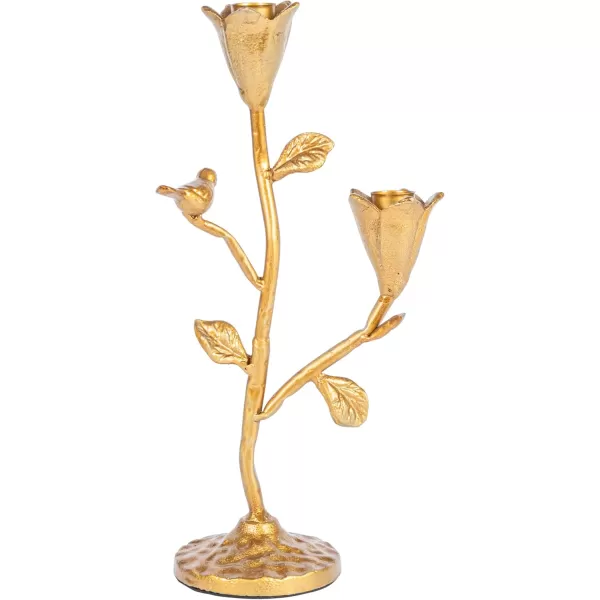 Creative CoOp HandForged Cast Iron Candelabra with Flowers and Bird Holds 2 Gold Taper Holder