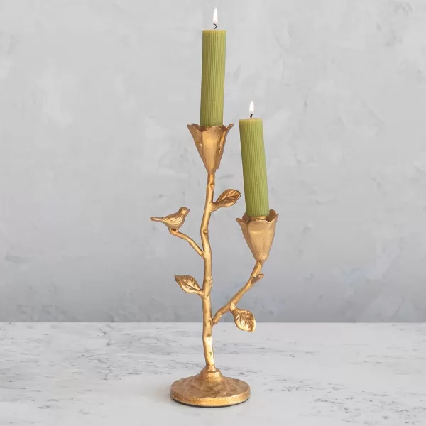 Creative CoOp HandForged Cast Iron Candelabra with Flowers and Bird Holds 2 Gold Taper Holder