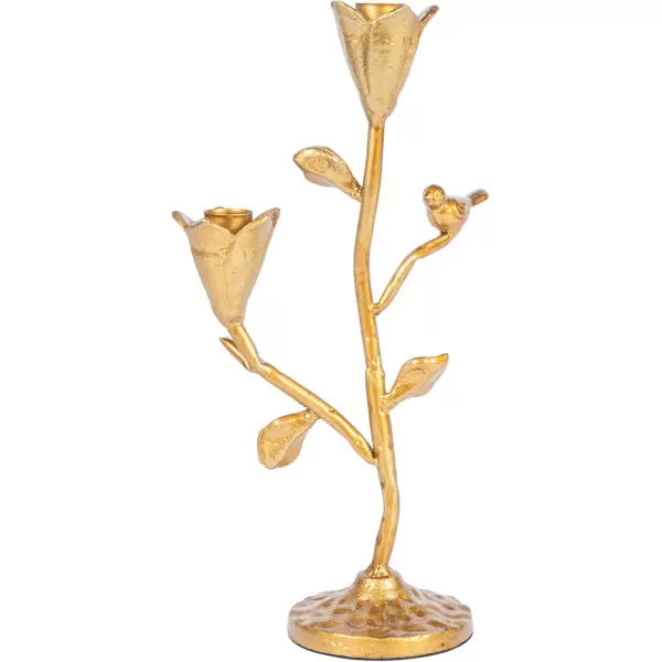 Creative CoOp HandForged Cast Iron Candelabra with Flowers and Bird Holds 2 Gold Taper Holder