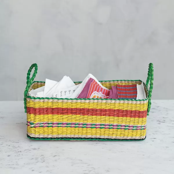Creative CoOp HandWoven Seagrass Basket with Stripes Multicolor