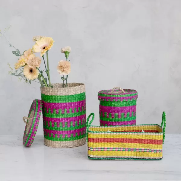 Creative CoOp HandWoven Seagrass Basket with Stripes Multicolor