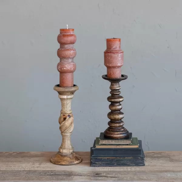 Creative CoOp Handcarved Wood Natural Pillar Candle Holder