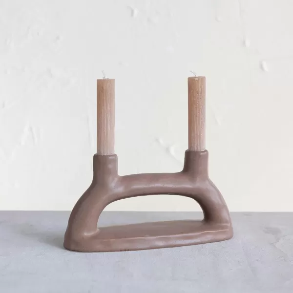 Creative CoOp Modern Stoneware Double Taper Holder Matte Brown Candleholders 10quot L x 3quot W x 5quot H