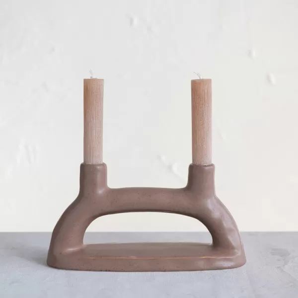 Creative CoOp Modern Stoneware Double Taper Holder Matte Brown Candleholders 10quot L x 3quot W x 5quot H