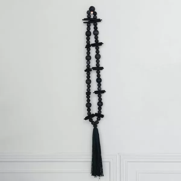 Creative CoOp Oak Wood Bead Garland with Cotton Tassel Black