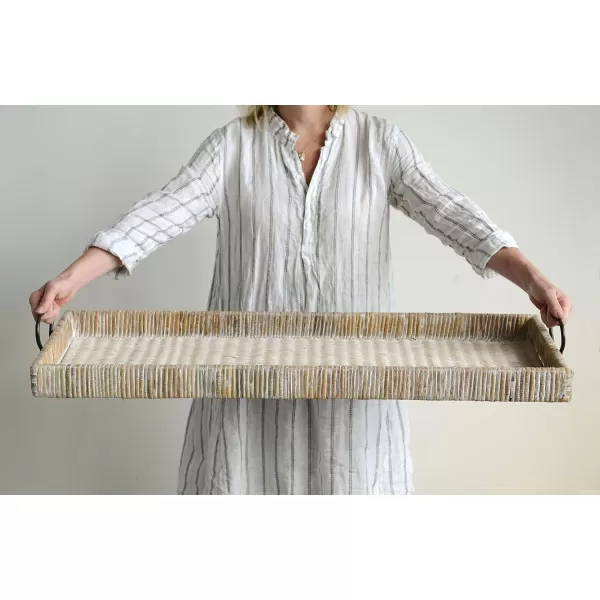 Creative CoOp Oversized HandWoven Rattan Tray with Metal Handles NaturalWhitewashed