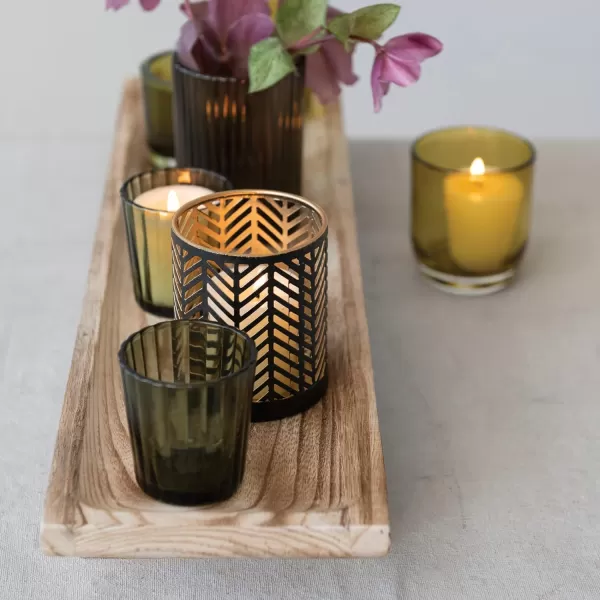 Creative CoOp Paulownia Wood Footed Tray with 7 Glass and Metal Votive Holders Multicolor Set of 8 Candleholders 20quot L x 6quot W x 6quot H Green