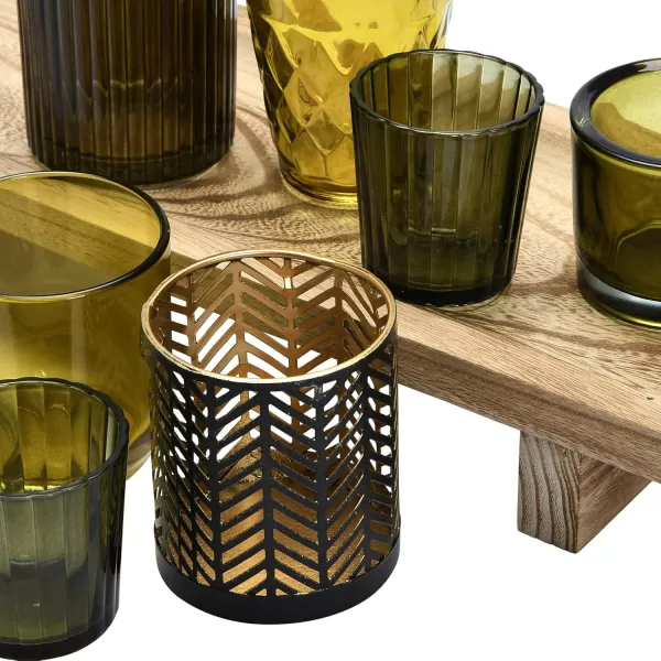 Creative CoOp Paulownia Wood Footed Tray with 7 Glass and Metal Votive Holders Multicolor Set of 8 Candleholders 20quot L x 6quot W x 6quot H Green