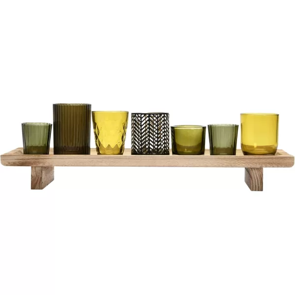 Creative CoOp Paulownia Wood Footed Tray with 7 Glass and Metal Votive Holders Multicolor Set of 8 Candleholders 20quot L x 6quot W x 6quot H Green