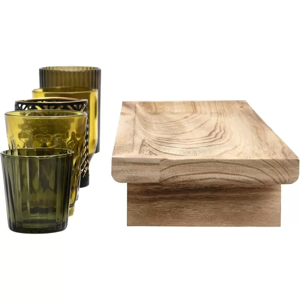 Creative CoOp Paulownia Wood Footed Tray with 7 Glass and Metal Votive Holders Multicolor Set of 8 Candleholders 20quot L x 6quot W x 6quot H Green