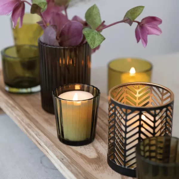 Creative CoOp Paulownia Wood Footed Tray with 7 Glass and Metal Votive Holders Multicolor Set of 8 Candleholders 20quot L x 6quot W x 6quot H Green