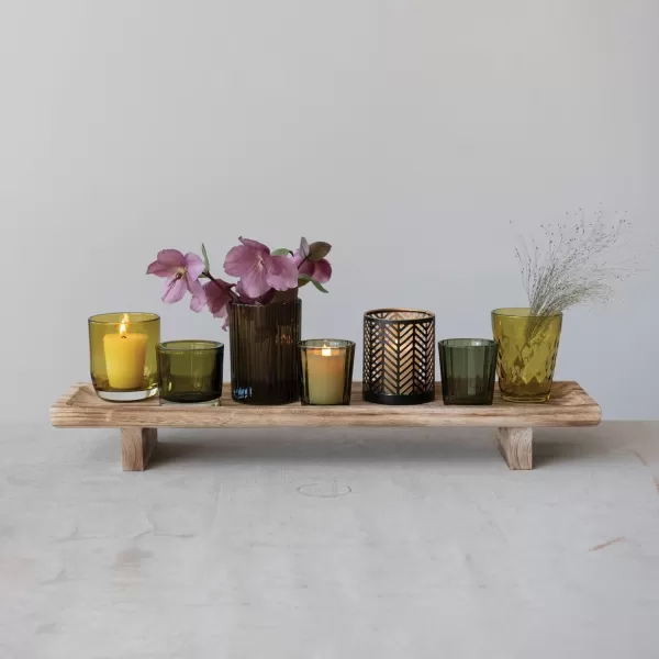 Creative CoOp Paulownia Wood Footed Tray with 7 Glass and Metal Votive Holders Multicolor Set of 8 Candleholders 20quot L x 6quot W x 6quot H Green