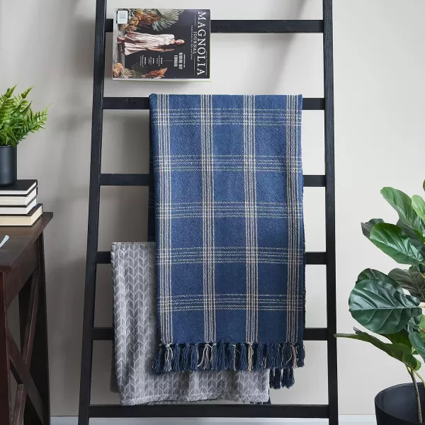 Creative CoOp Plaid Black ampamp Tan Fringed Woven Cotton Blend Throw 60 inch x50Blue
